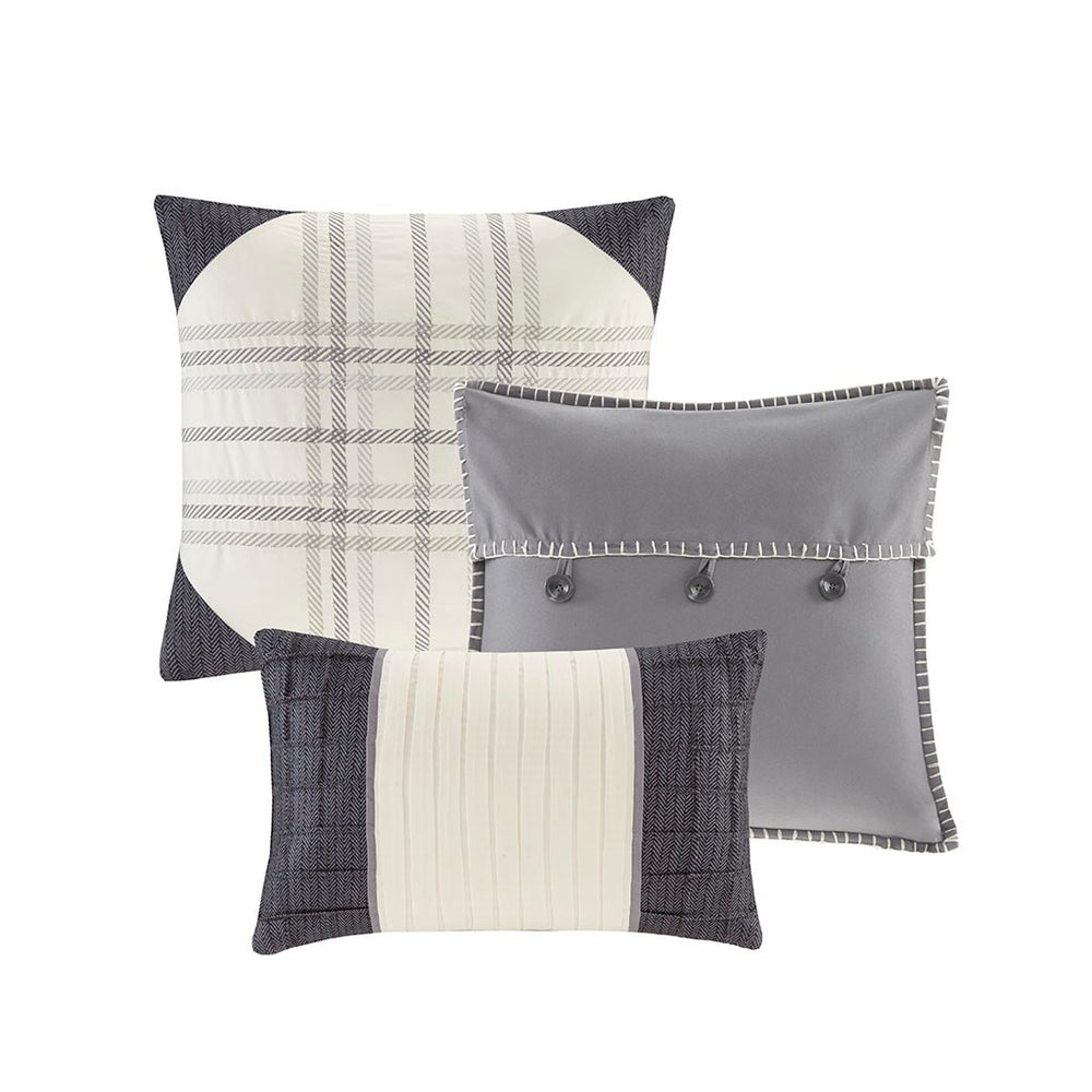 6 Piece Printed Herringbone Quilt Set with Throw Pillows Grey Full/Queen Media 5