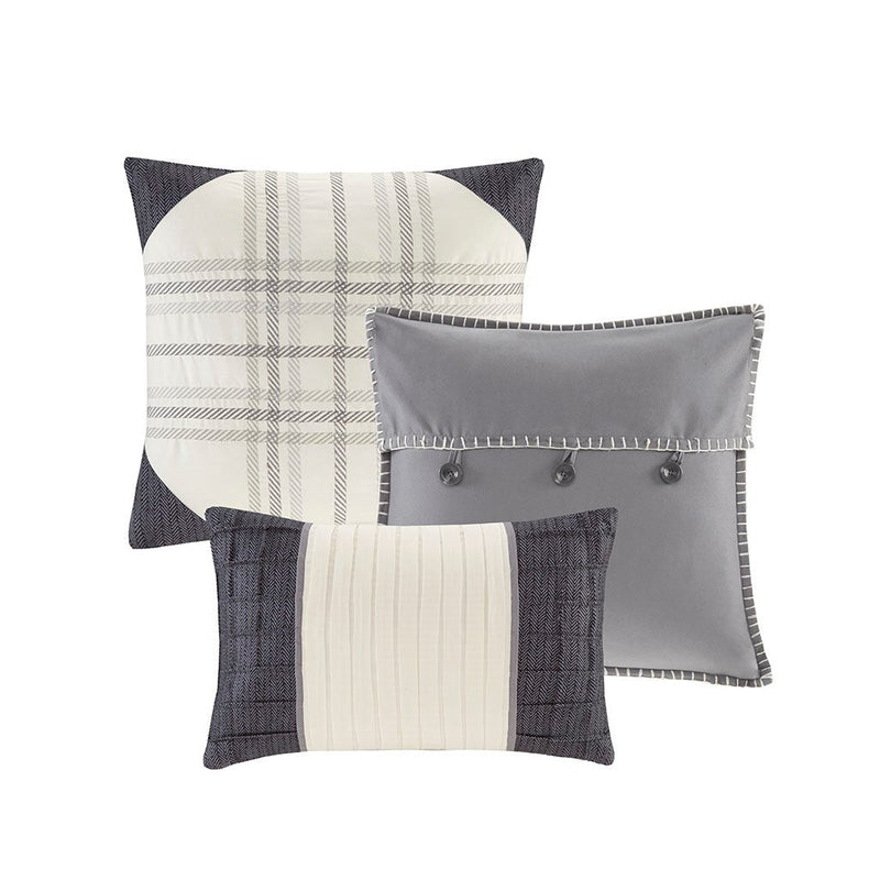 6 Piece Printed Herringbone Quilt Set with Throw Pillows Grey Full/Queen