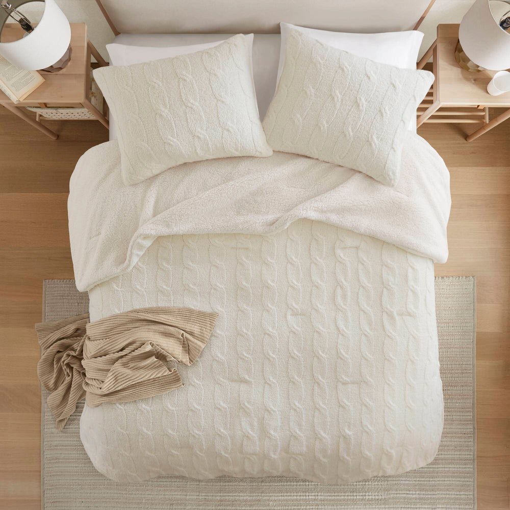 3 Pieces King/Cal King Cable Knit Chenille Comforter Set,Ivory Media 17