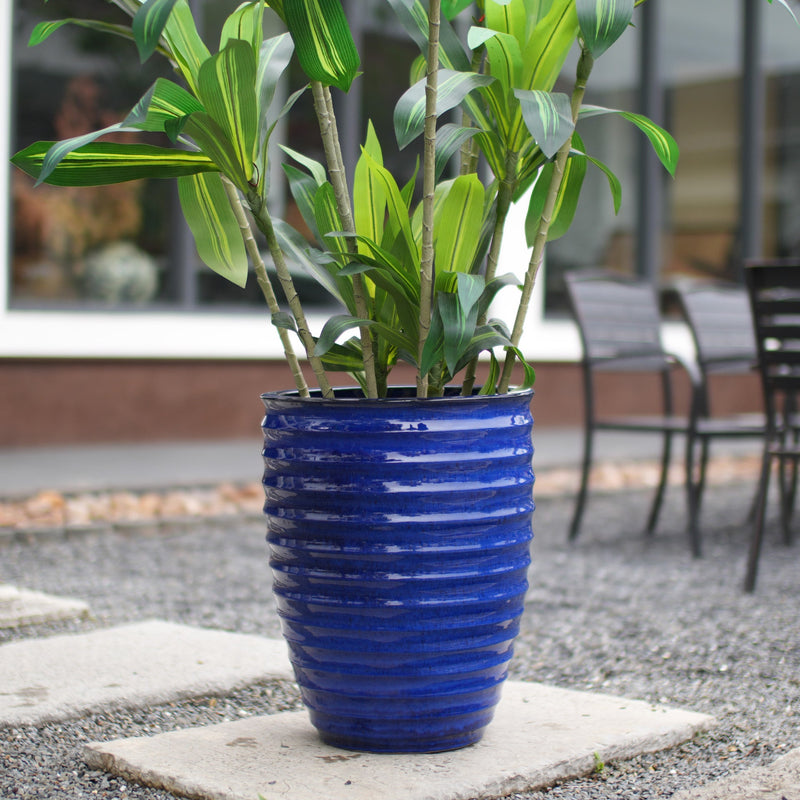 Handmade Sapphire Blue Ceramic Planter, 17 Inch Diameter, 1 Piece, Horizontal Ripples Pattern, for Monstera and Fiddle Leaf Fig, Indoor & Outdoor Doorway Use, Breathable Clay
