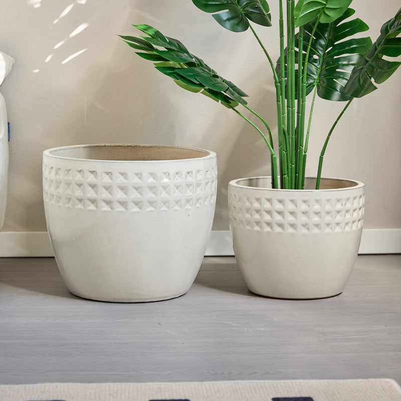 Handmade Ceramic Flower Pot Set of 3, 15/12/9 Inch Diameter, White Diamond Pattern, for Succulents Indoor/Outdoor Use on Windowsill & Bookshelf, Breathable Clay