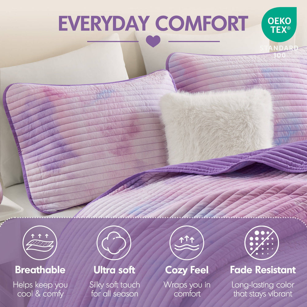 4 Pieces Full/Queen Watercolor Tie Dye Printed Quilt Set with Throw Pillow,Purple Media 3