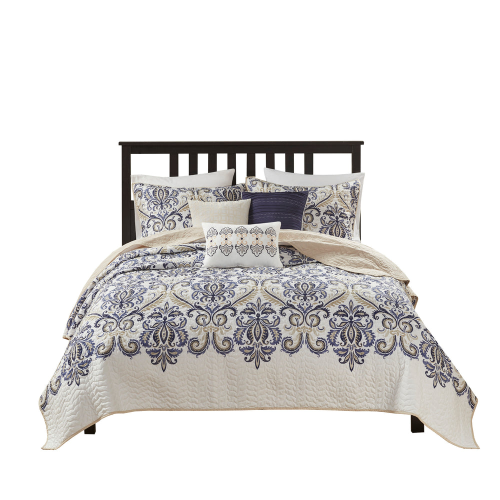 6 Piece Reversible Quilt Set with Throw Pillows Navy/Tan Full/Queen Media 13