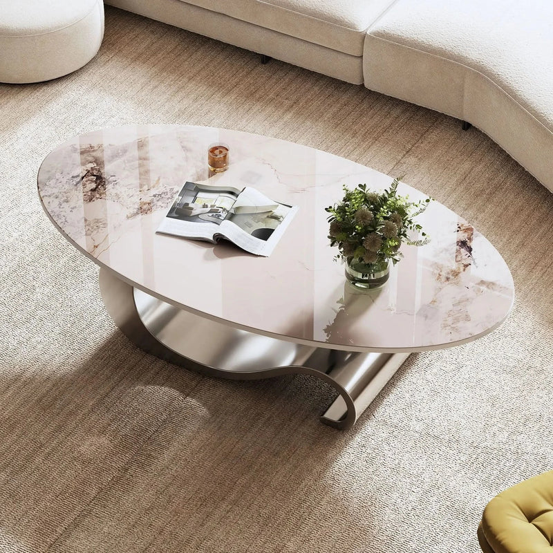 Oval Coffee Table Faux Marble Contemporary Gray Stainless Steel Base