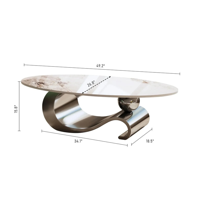 Oval Coffee Table Faux Marble Contemporary Gray Stainless Steel Base