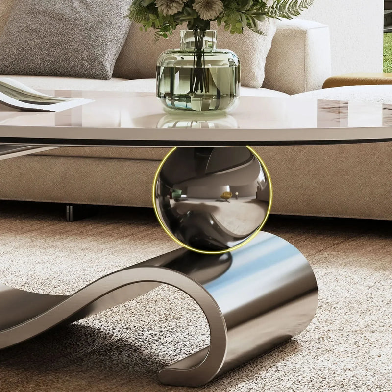 Oval Coffee Table Faux Marble Contemporary Gray Stainless Steel Base