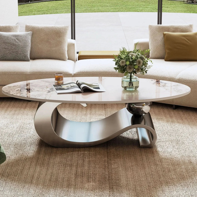 Oval Coffee Table Faux Marble Contemporary Gray Stainless Steel Base