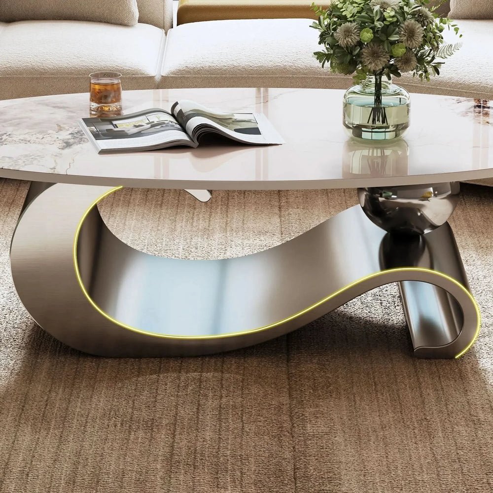 Oval Coffee Table Faux Marble Contemporary Gray Stainless Steel Base Media 9