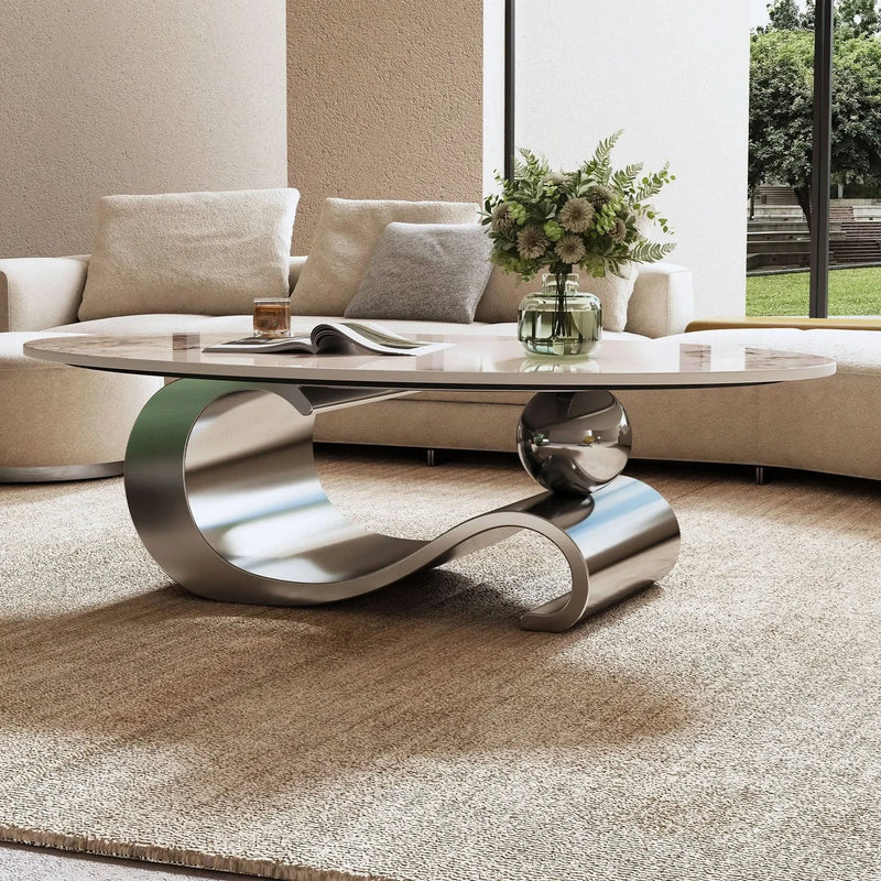 Oval Coffee Table Faux Marble Contemporary Gray Stainless Steel Base