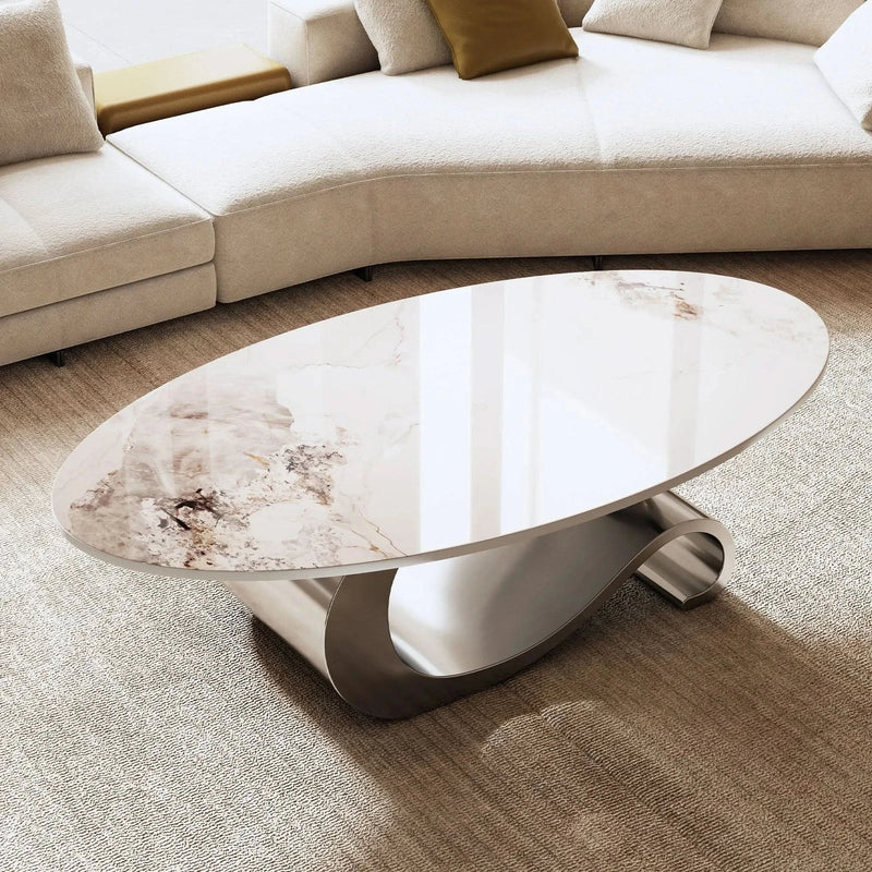 Oval Coffee Table Faux Marble Contemporary Gray Stainless Steel Base