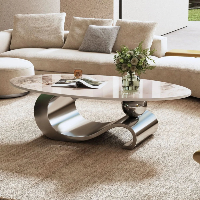 Oval Coffee Table Faux Marble Contemporary Gray Stainless Steel Base