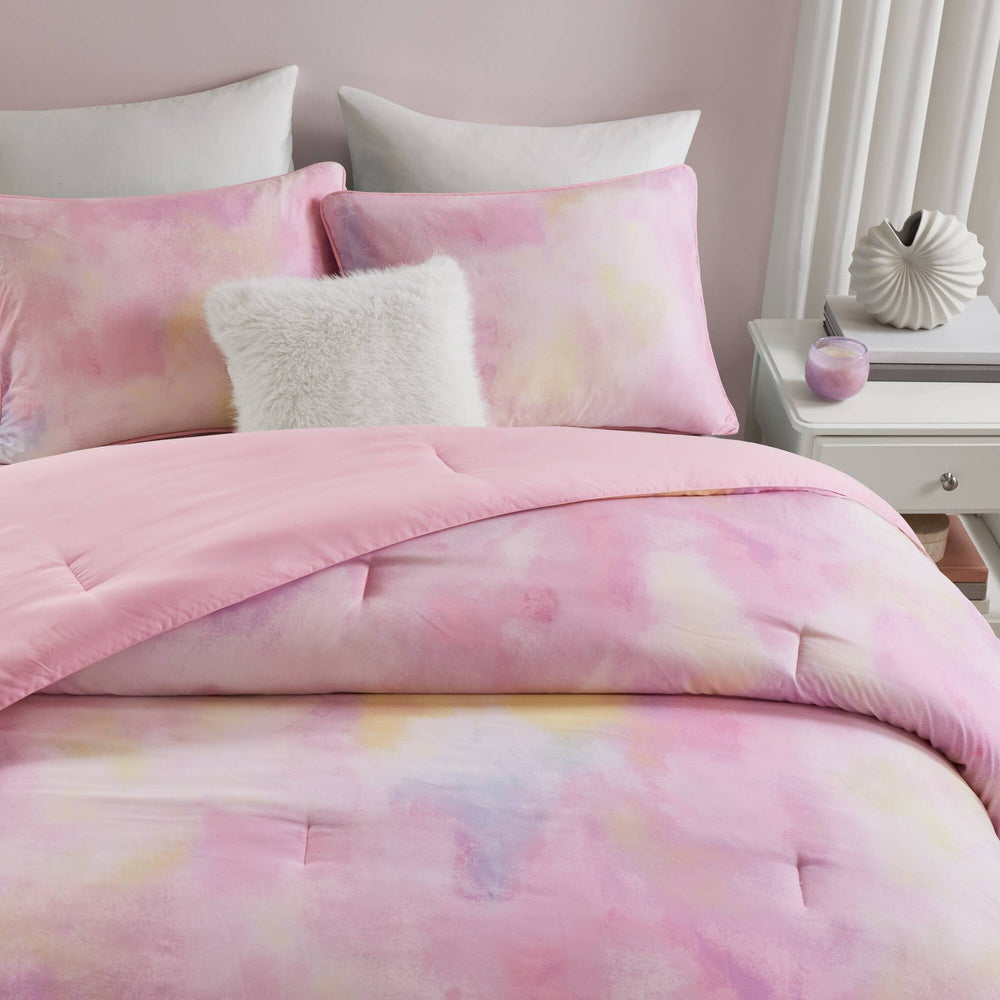 4 Pieces King/Cal King Watercolor Tie Dye Printed Comforter Set with Throw Pillow,Pink Media 21