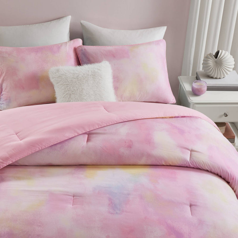 4 Pieces Full/Queen Watercolor Tie Dye Printed Comforter Set with Throw Pillow,Pink