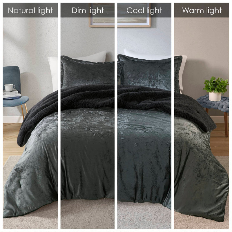 3 PCS Full/Queen Crushed Velvet   Reversible Comforter Set Charcoal