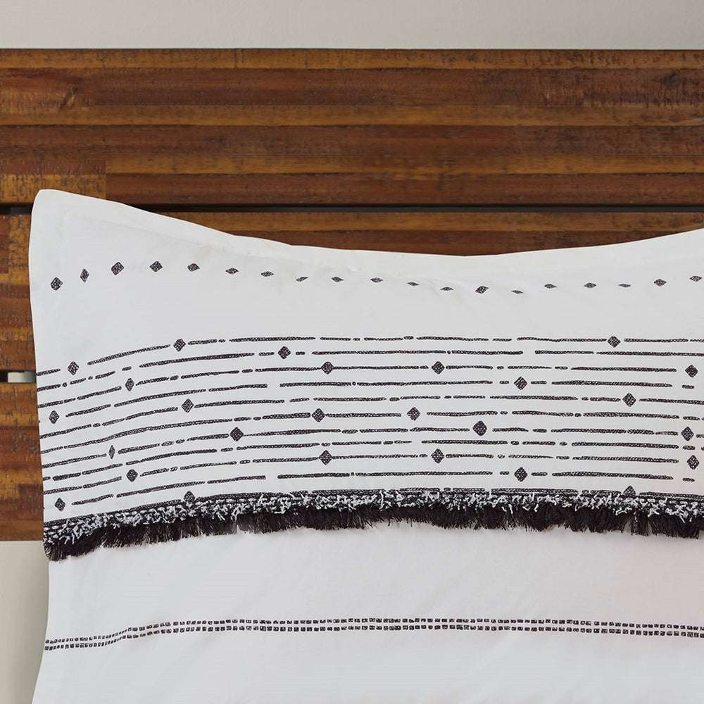 Cotton Printed Comforter Set with Trims Black/White Full/Queen Media 11