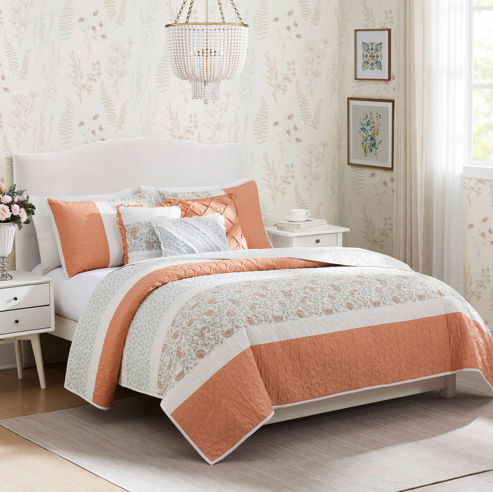 6 Piece Cotton Percale Quilt Set with Throw Pillows Coral Full/Queen Media 1