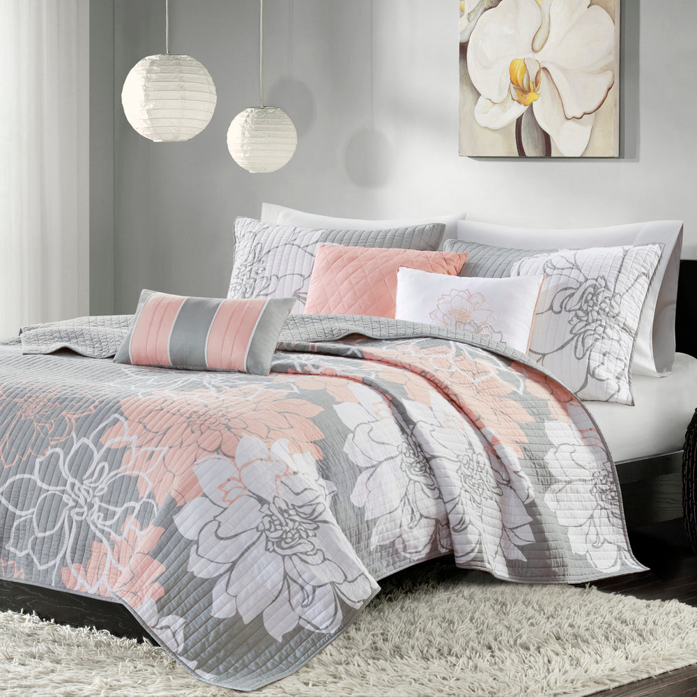 6 Piece Printed Cotton Quilt Set with Throw Pillows Grey/Peach Full/Queen Media 1