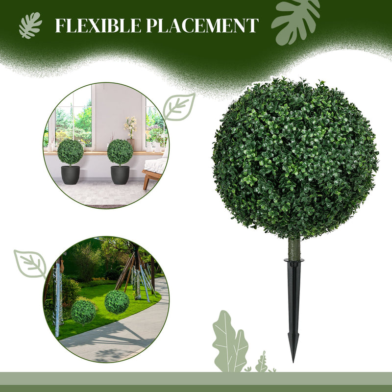 HOMCOM 1.3' (15.7') Artificial Boxwood Topiary Trees with Ground Stake, UV Resistant Set of 2 Ball Shaped Trees, Indoor Outdoor Fake Plants for Home Office & Living Room Décor