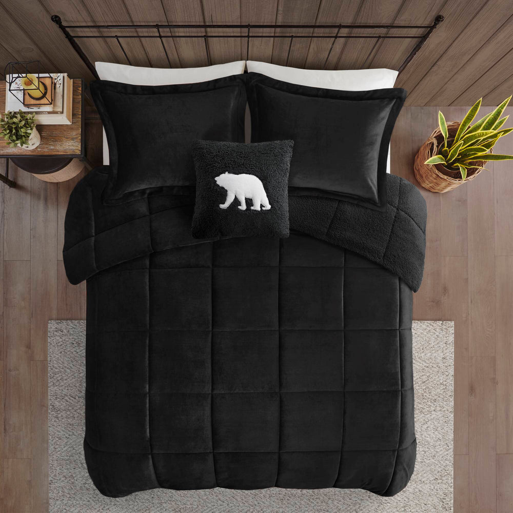 4-Piece Full/Queen Plush to Sherpa Down Alternative Comforter Set,Black/Black Media 10
