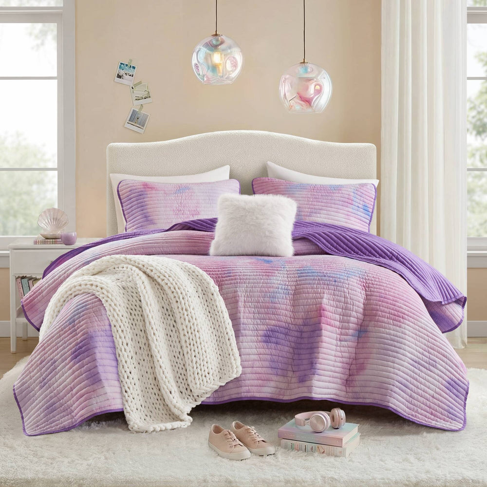 4 Pieces Full/Queen Watercolor Tie Dye Printed Quilt Set with Throw Pillow,Purple Media 1