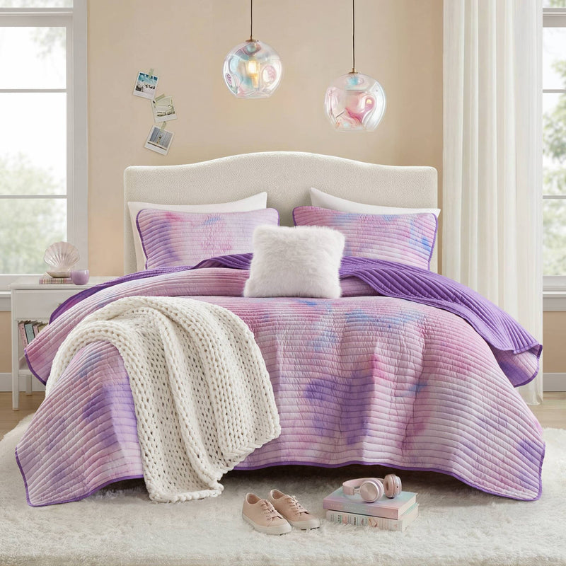 4 Pieces Full/Queen Watercolor Tie Dye Printed Quilt Set with Throw Pillow,Purple