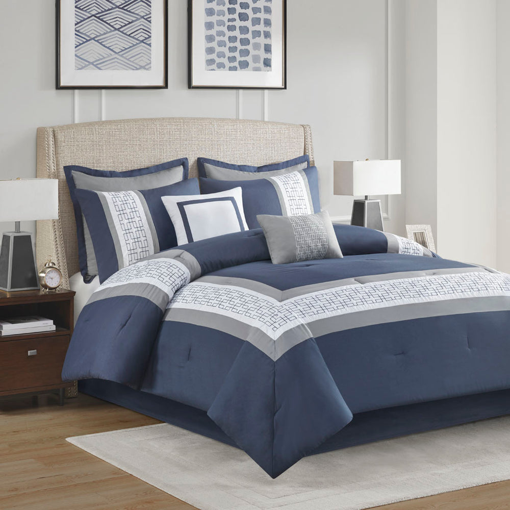 8 Piece Embroidered Comforter Set Navy King Media 1