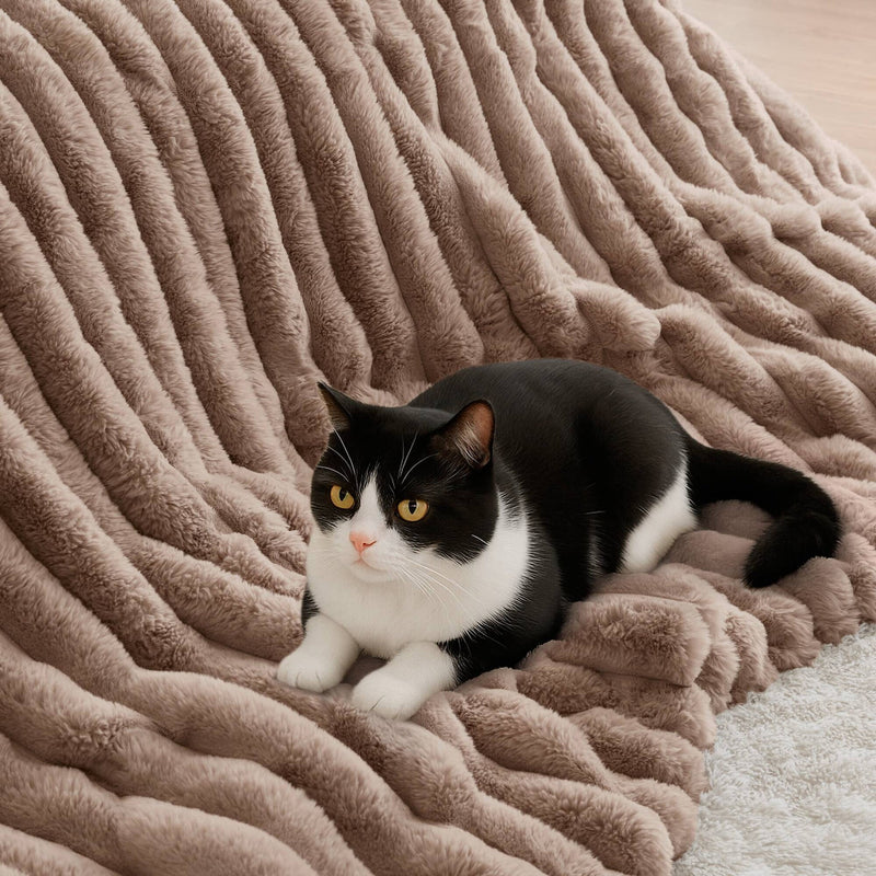 3 Pieces Full/Queen Ultrasoft Faux Fur Ribbed Comforter Set,Mocha