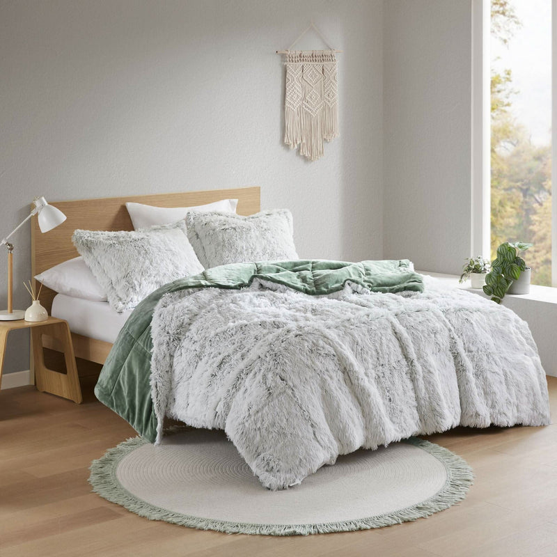 Faux Fur Comforter Set Shaggy Twin XL Green & White Cozy Bedding For Home Decor Accent