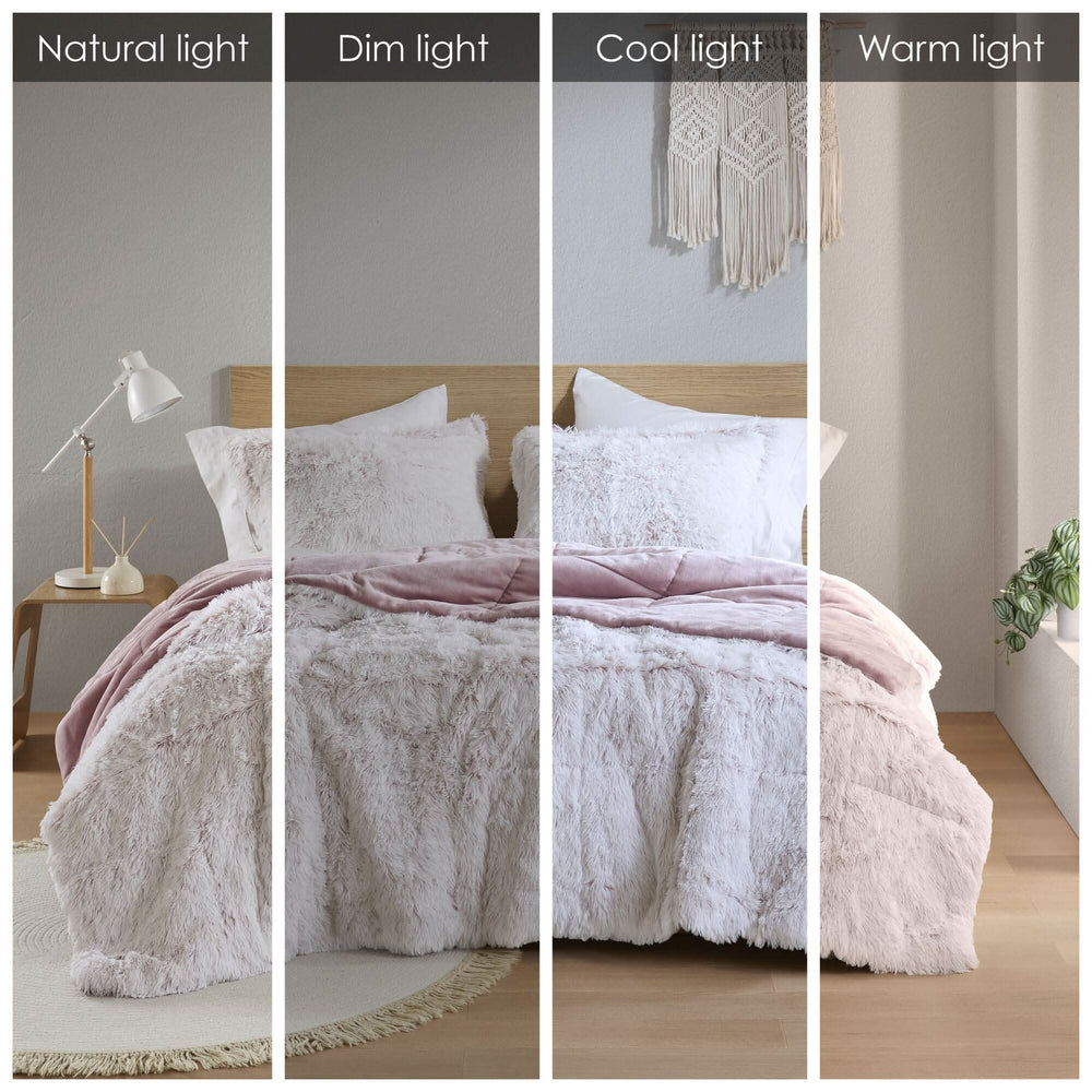 Faux Fur Comforter Shaggy Pink & White King & Cal King 3 Piece Set For Bedroom Decor Soft Media 12