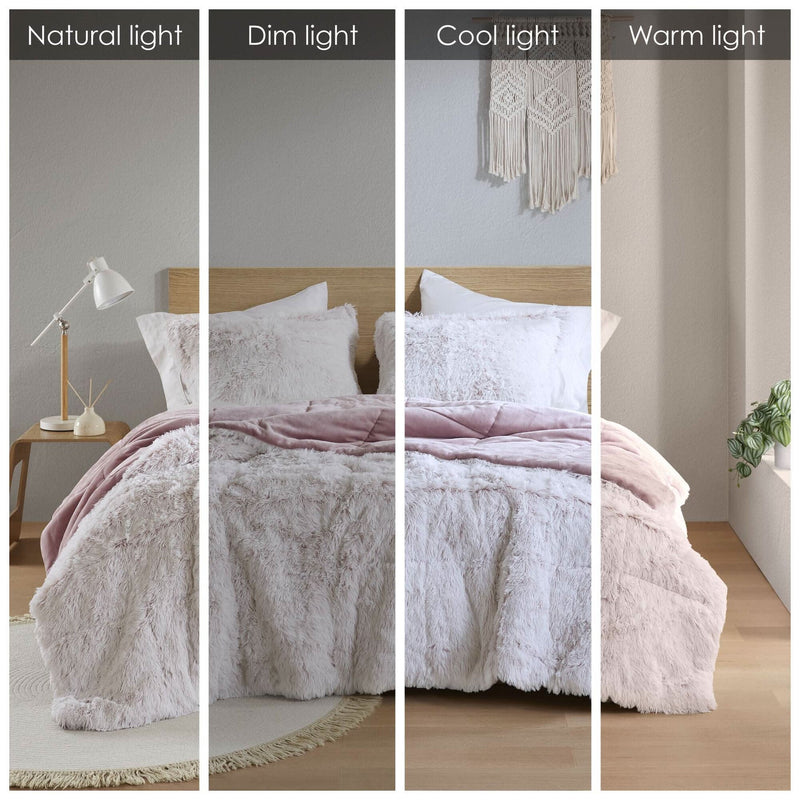 Faux Fur Comforter Shaggy Pink & White King & Cal King 3 Piece Set For Bedroom Decor Soft