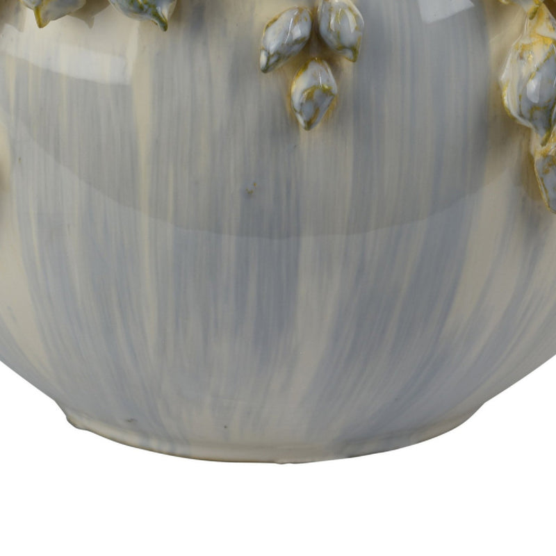 Decorative Bowl Planter, White Ceramic with Floral Garland Rim, 12 Inch