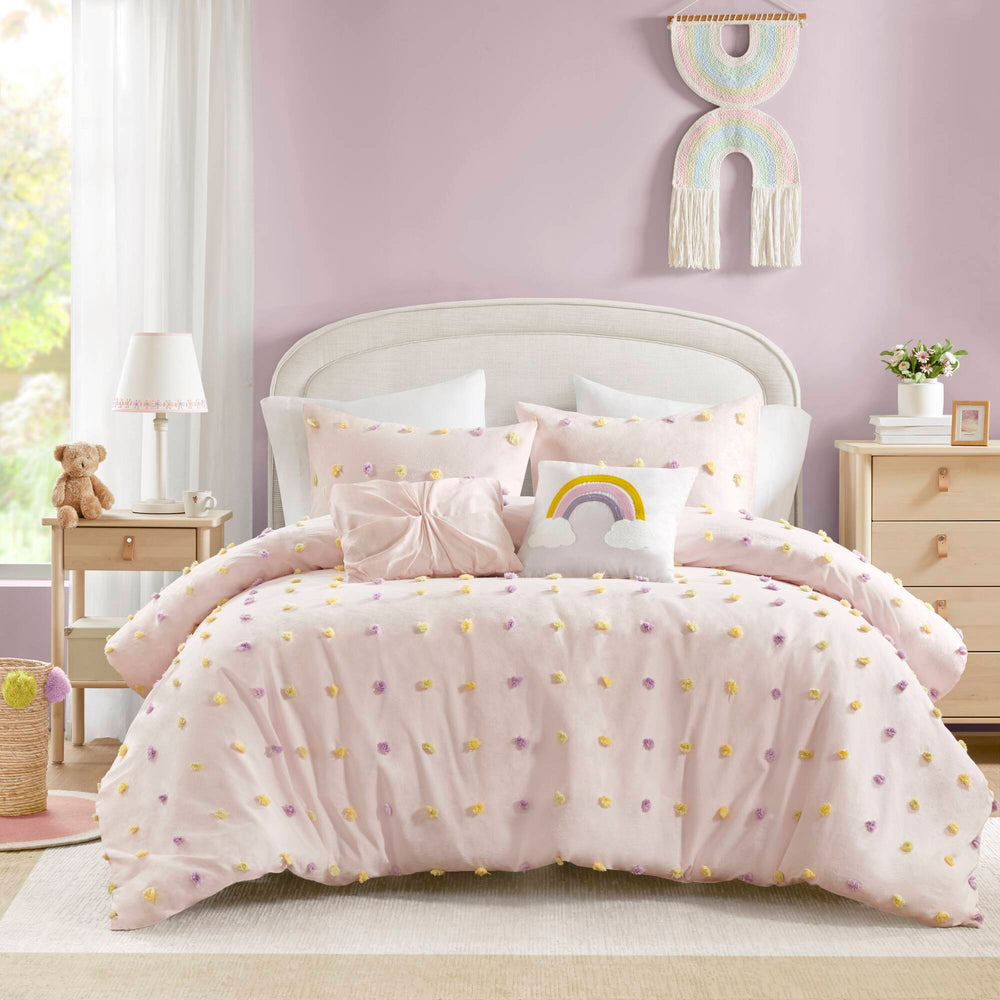 5PCS Full/Queen Cotton Jacquard Pom Pom Comforter Set Media 1