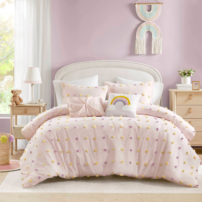 5PCS Full/Queen Cotton Jacquard Pom Pom Comforter Set