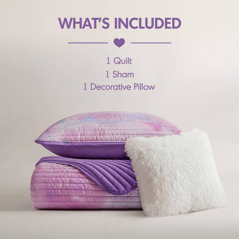 3 Pieces Twin/Twin XL Watercolor Tie Dye Printed Quilt Set with Throw Pillow,Purple