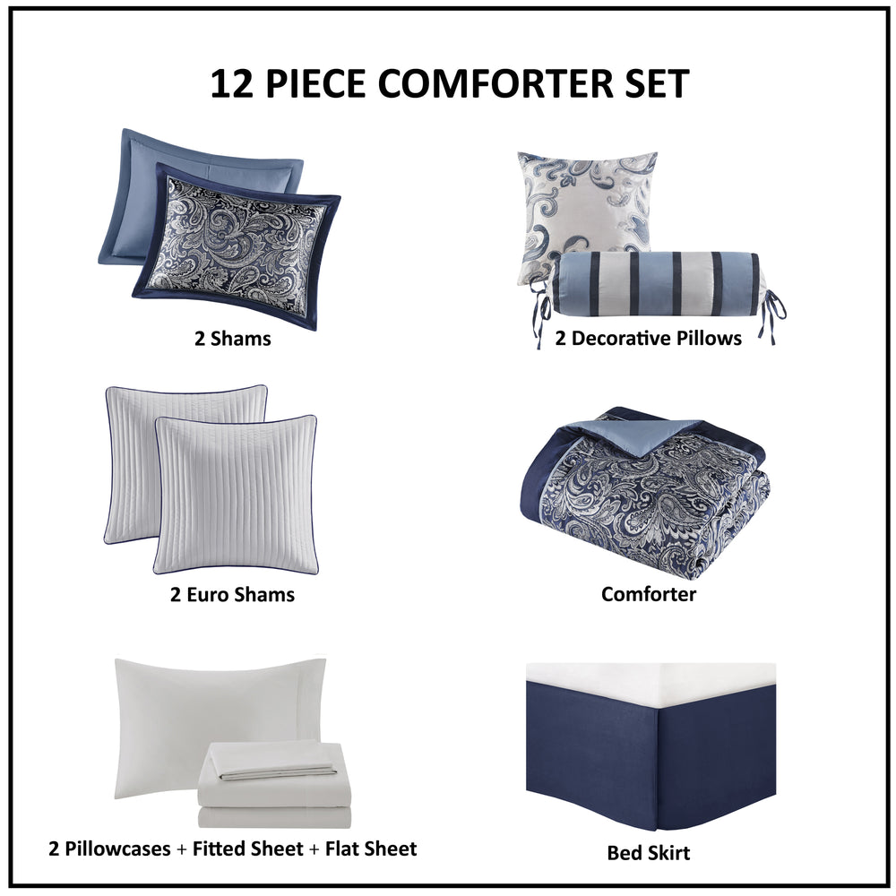 12 Piece Comforter Set with Cotton Bed Sheets Navy King Media 4