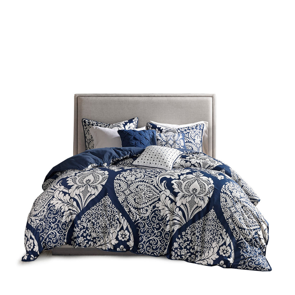 7 Piece Cotton Printed Comforter Set Indigo Cal King Media 1