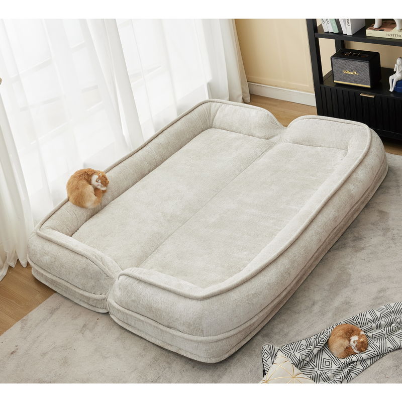 Pet Sofa Bed Chenille 2-In-1 Lounge Couch With 5 Adjustable Positions For People & Pets Beige