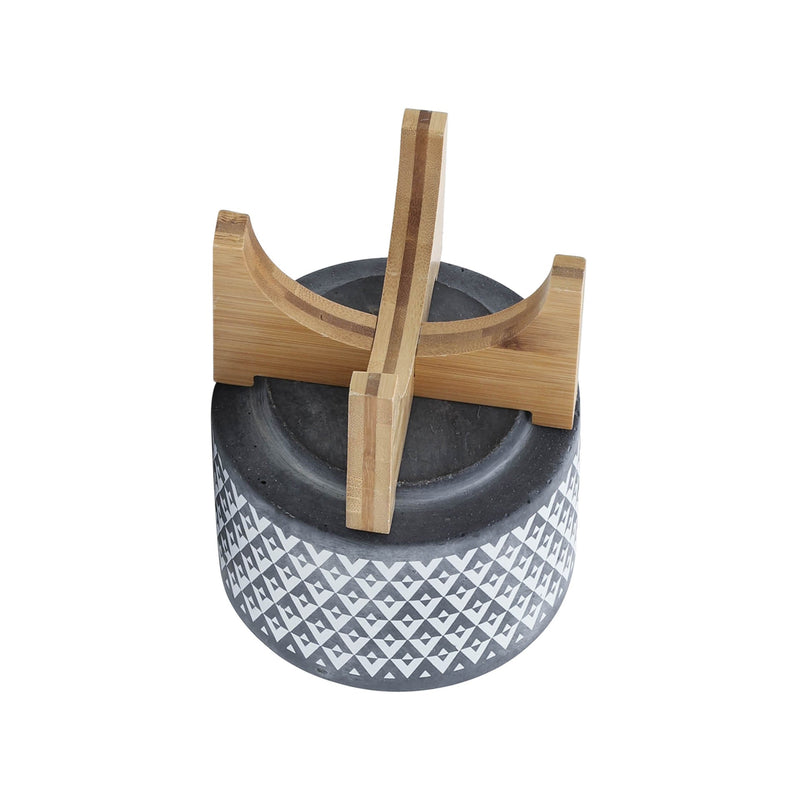 CERAMIC 5' AZTEC PLANTER ON WOODEN STAND, GRAY