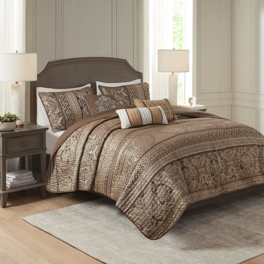 6 Piece Jacquard Quilt Set with Throw Pillows Brown/Gold Full/Queen Media 1