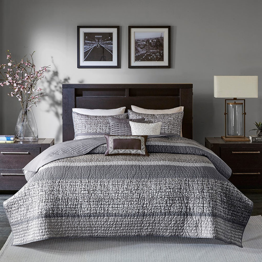 6 Piece Reversible Jacquard Quilt Set with Throw Pillows Grey/Taupe Full/Queen Media 1
