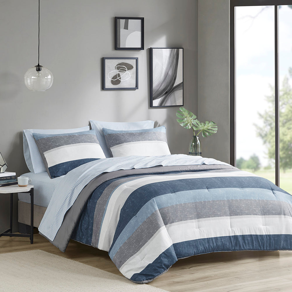 Stripe Comforter Set with Bed Sheets Blue/Grey Full Media 1