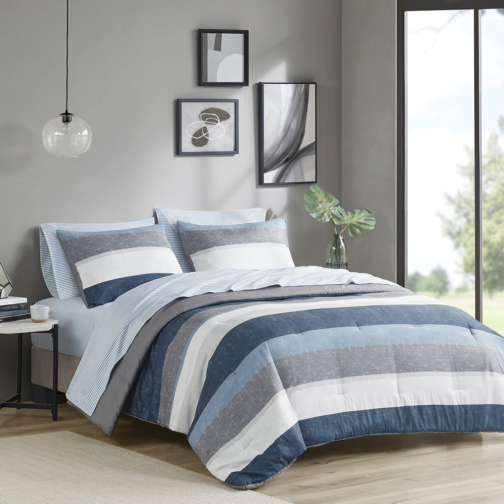 Stripe Comforter Set with Bed Sheets Blue/Grey Full Media 1