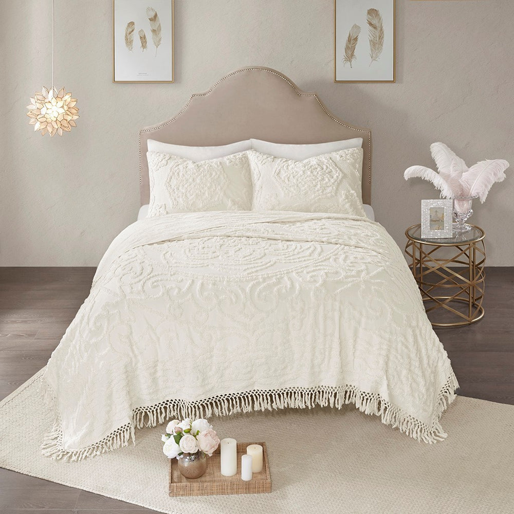 Tufted Cotton Chenille Medallion Fringe Coverlet Mini Set Off-White King/Cal King Media 1