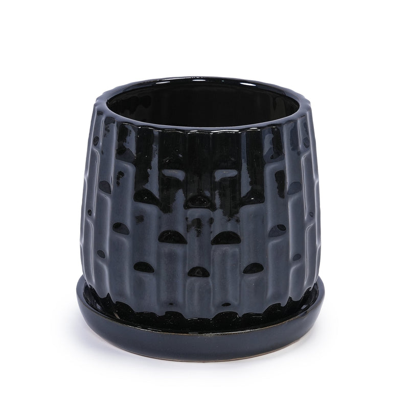 Handmade Ceramic Flower Pot with Groove Pattern, 6 & 8 Inch Diameter, Black Color for Orchids, Indoor/Outdoor Use on Windowsill & Bookshelf, Breathable Clay with Saucer