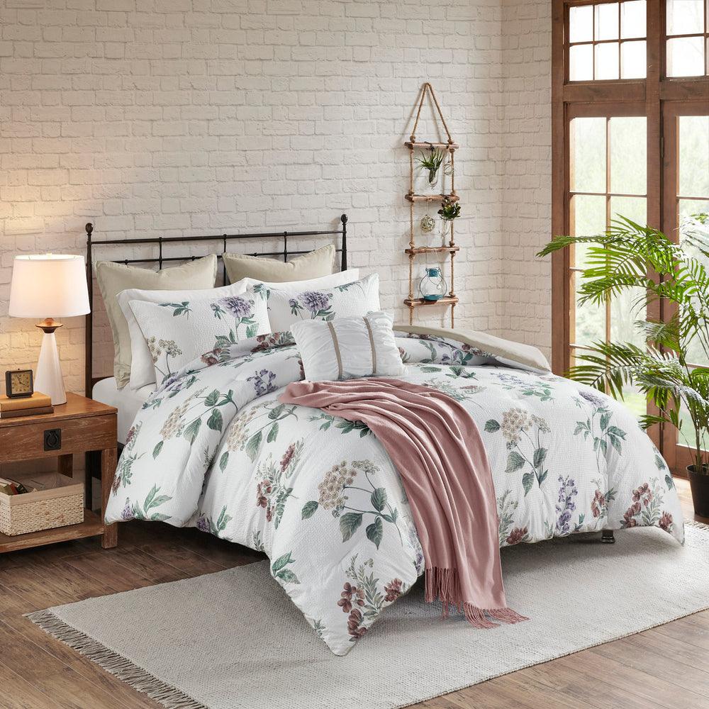 7 Piece Printed Seersucker Comforter Set with Throw Blanket Taupe/Blush Full/Queen Media 4