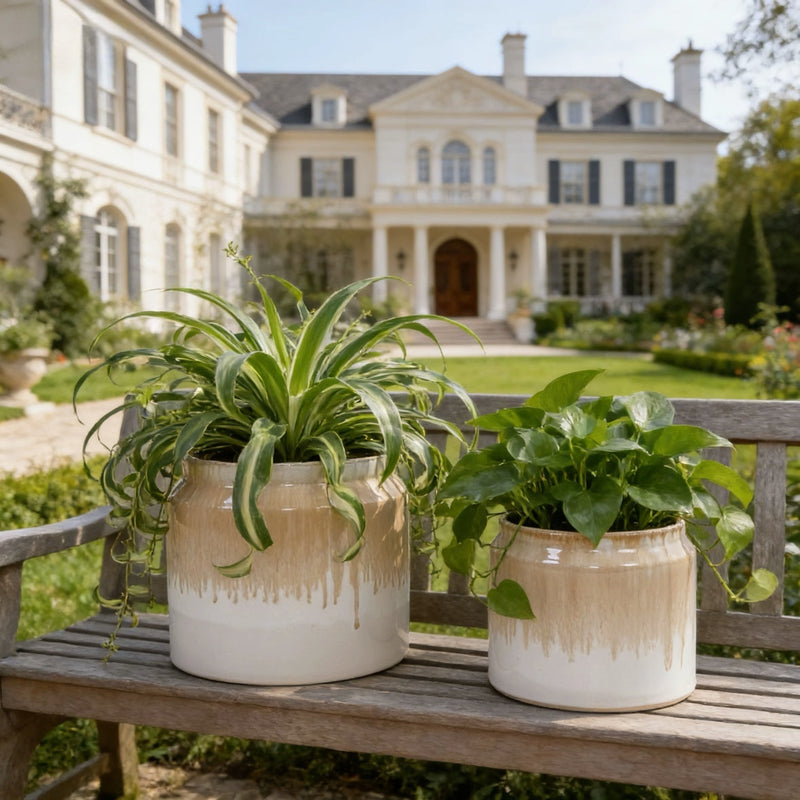 Handmade Non-Porous Ceramic Planter Set of 2, 6' & 8' Diameter, Beige Drip Glaze, for Aquatic Plants Indoor/Outdoor Shelf & Desk Use, Breathable Clay