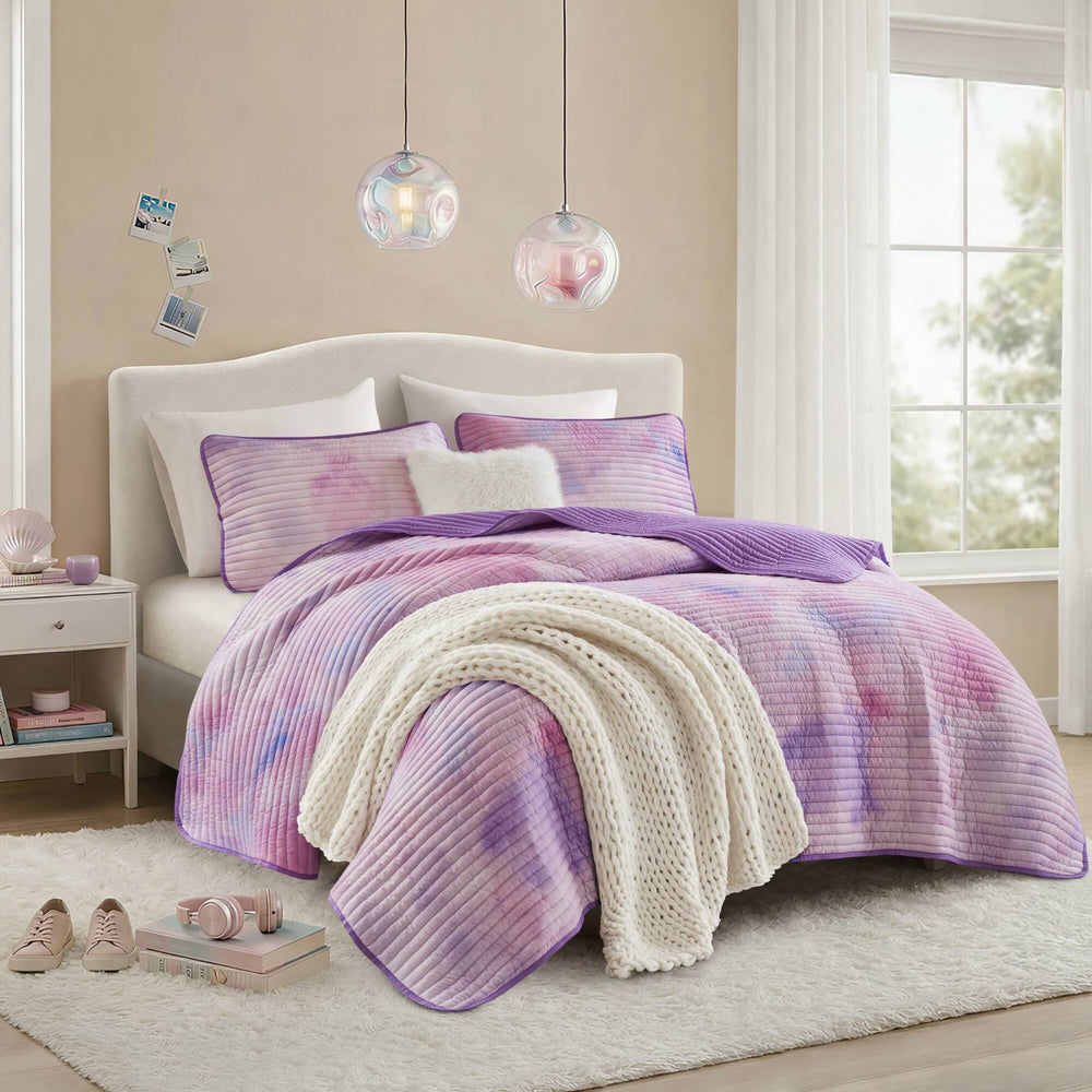 4 Pieces Full/Queen Watercolor Tie Dye Printed Quilt Set with Throw Pillow,Purple Media 19