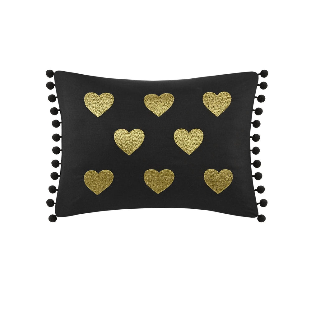 Plush Comforter Set & Black Gold Heart Print Full Queen Bedding 4 Piece with Throw Pillow Media 10
