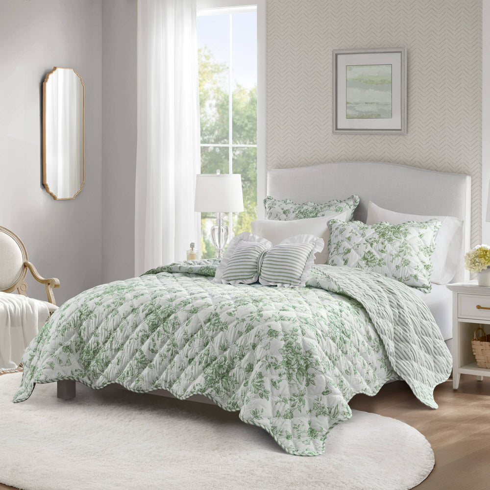 4 Pieces Full/Queen  Quilt Set with Decorative Pillow,Green Media 1