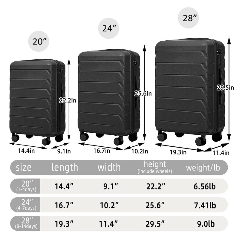 ABS Luggage Set 20 24 28 Inch Spinner Wheels Black Durable 3-Piece & Combination Lock